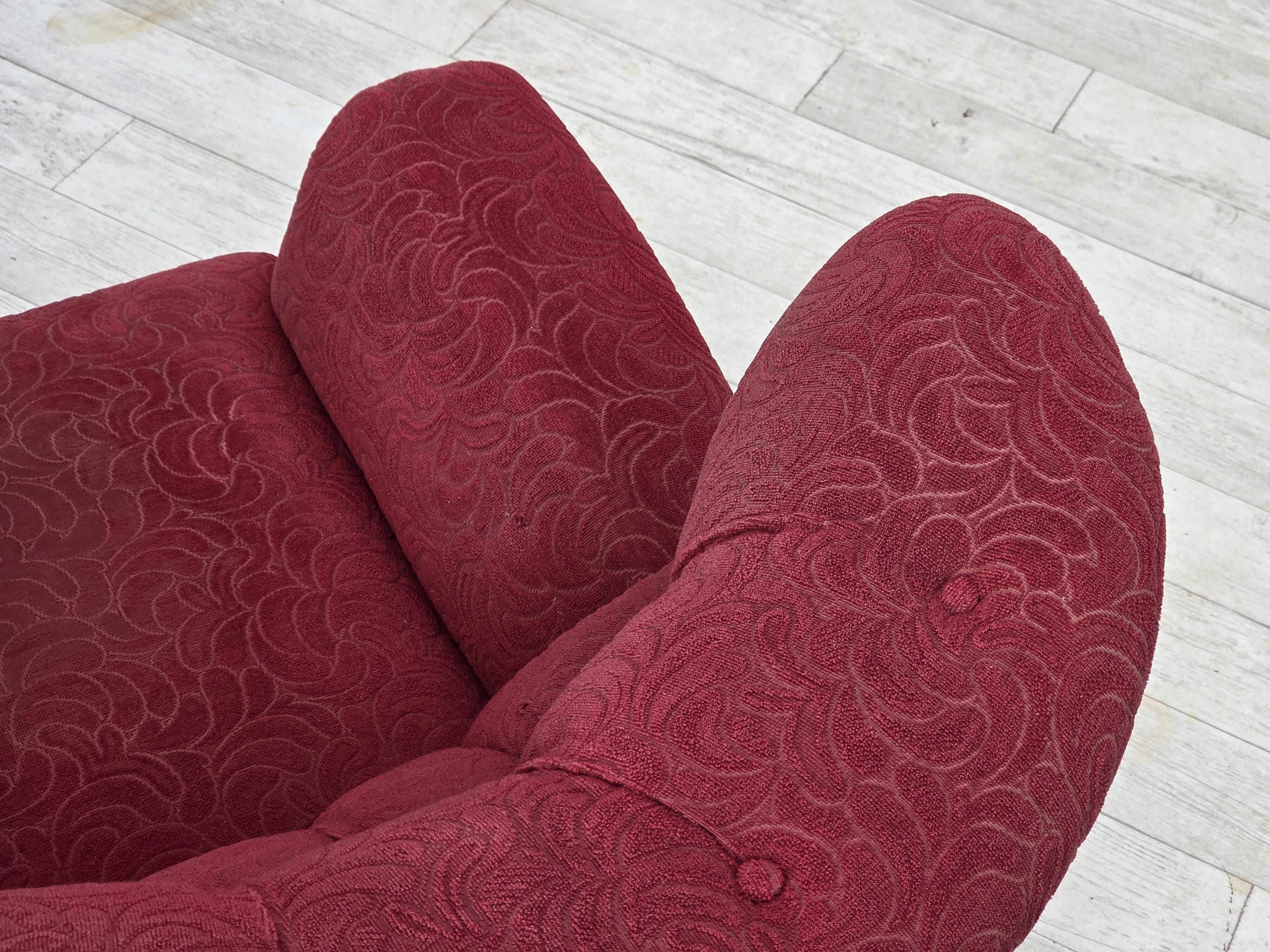 1950s, Danish relax armchair, red furniture fabric, ash wood legs.