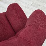 1950s, Danish relax armchair, red furniture fabric, ash wood legs.