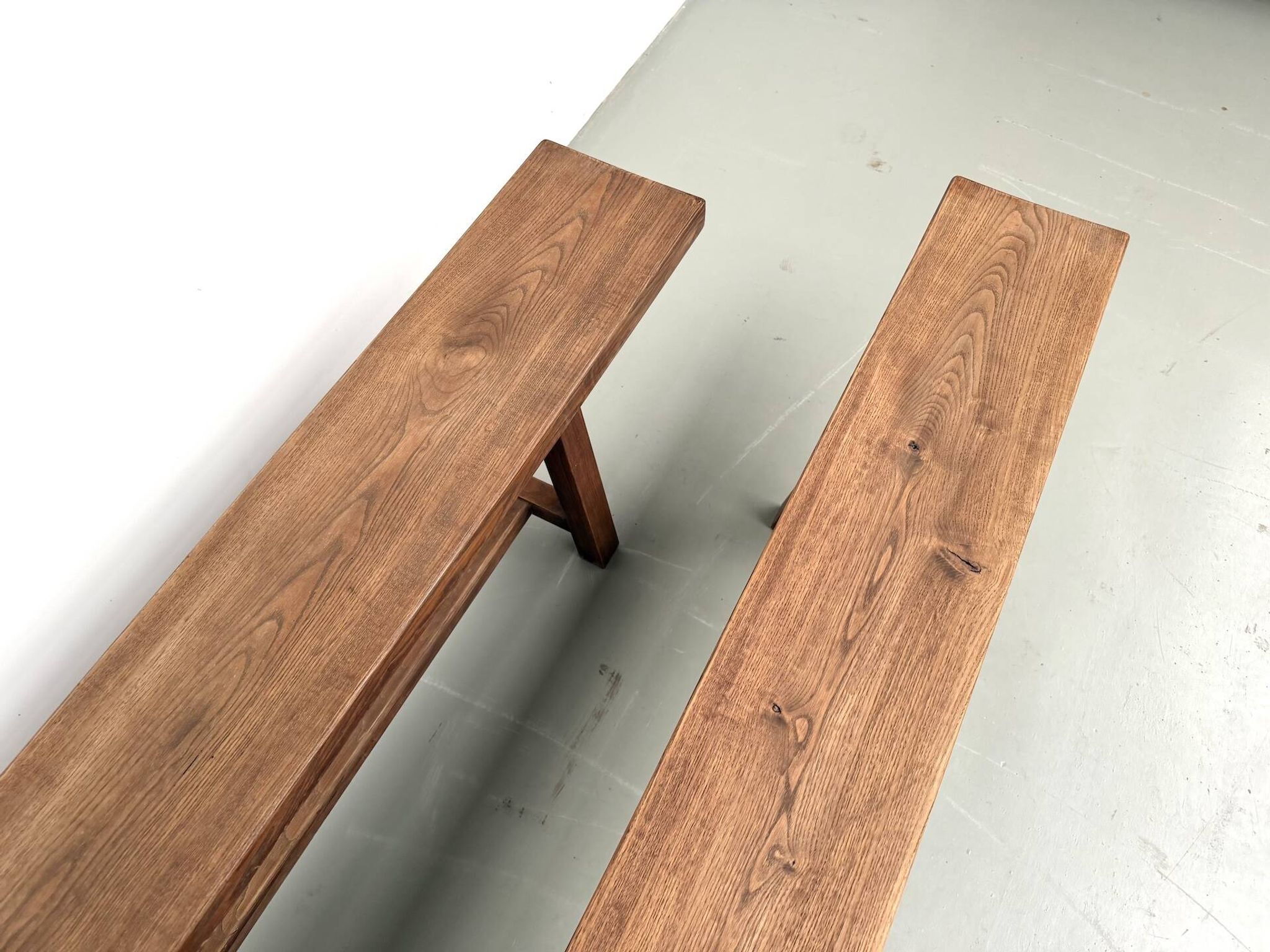 Pair of XL size benches in solid oak, 1950s.