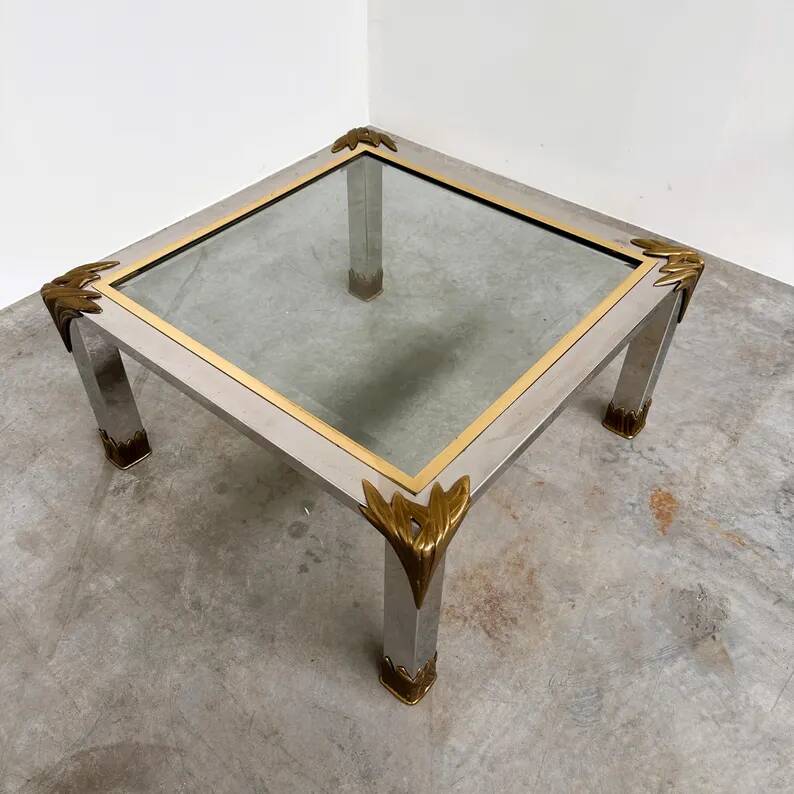 Vintage coffee table in chrome and brass adorned with sculpted leaf details, 1970s