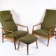 Set Of 2 Armchairs With Stool Made In Green Fabric & Teak By Alf Svensson For Fritz Hansen From 1960