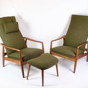 Set Of 2 Armchairs With Stool Made In Green Fabric & Teak By Alf Svensson For Fritz Hansen From 1960