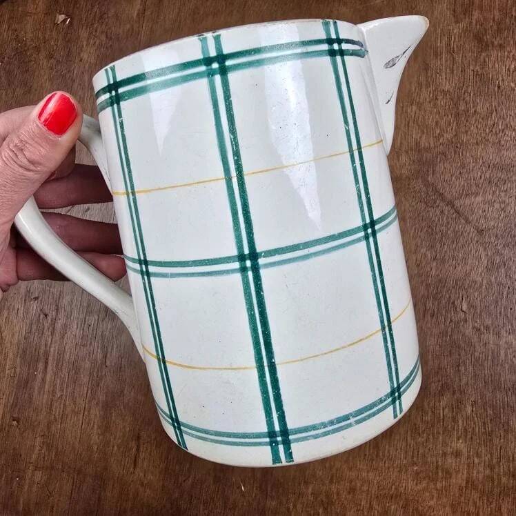 Old pitcher Moulin des Loups with green checks – Decorative vase jug country style