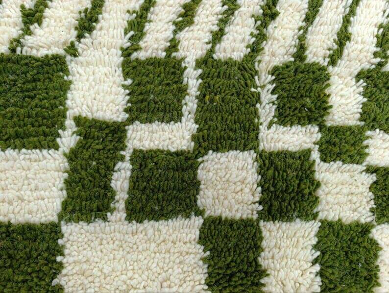Handmade pure wool rug, green and white, size 140 x 260 cm