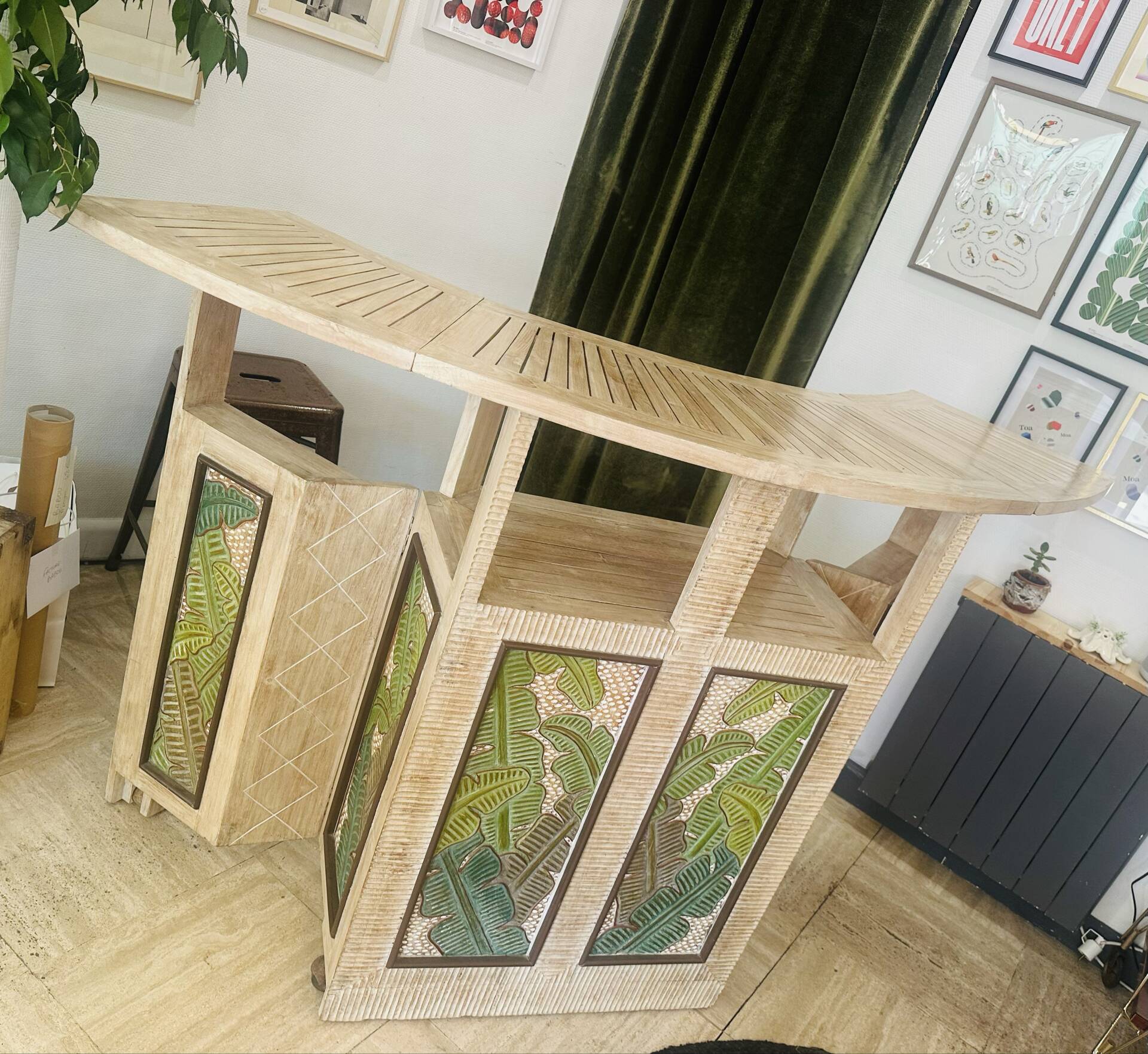 Vintage folding bar counter on wheels, wood.