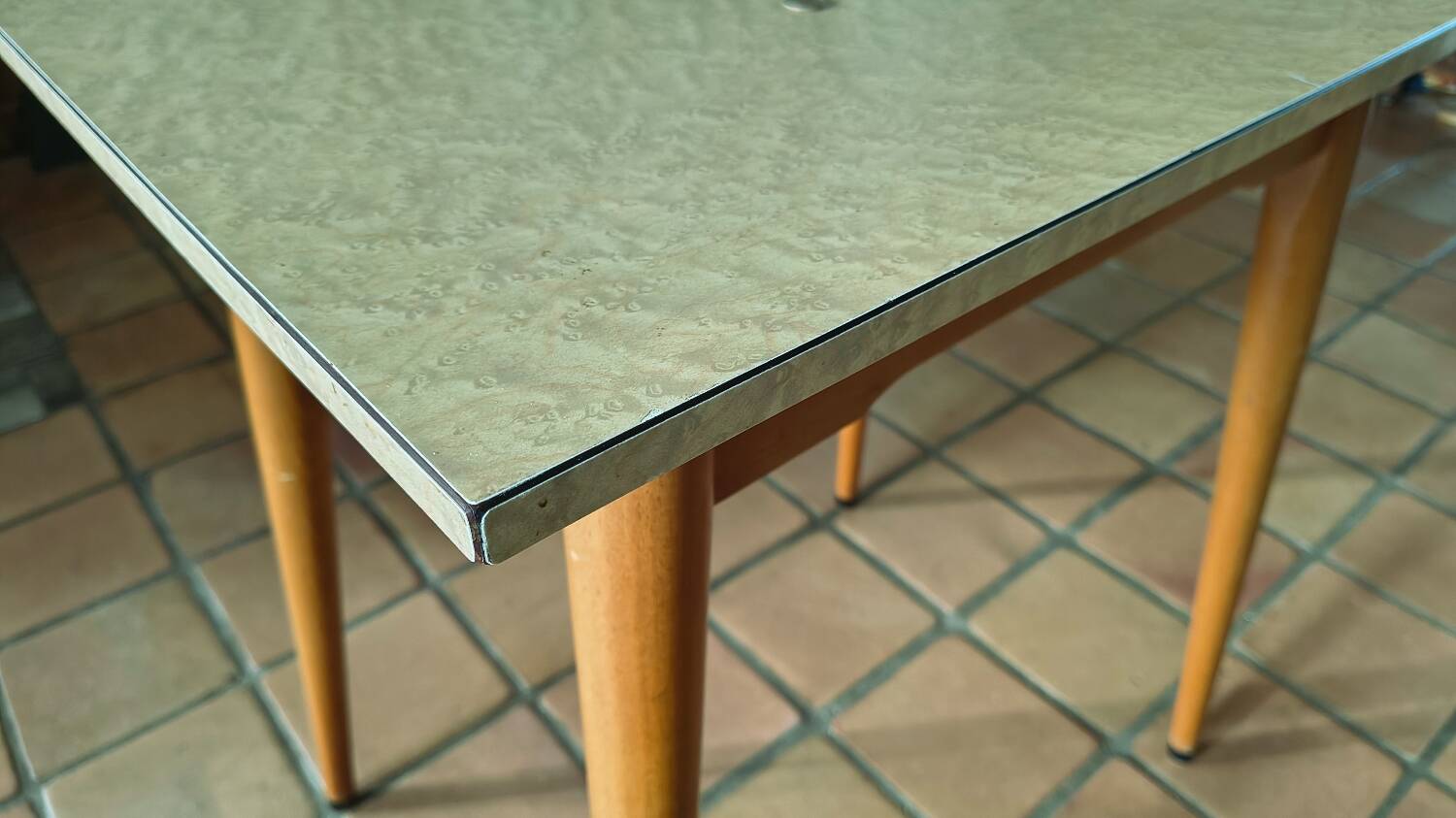 Vintage bistro table with compass legs, formica, beech, 50 x 70.