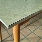 Vintage bistro table with compass legs, formica, beech, 50 x 70.