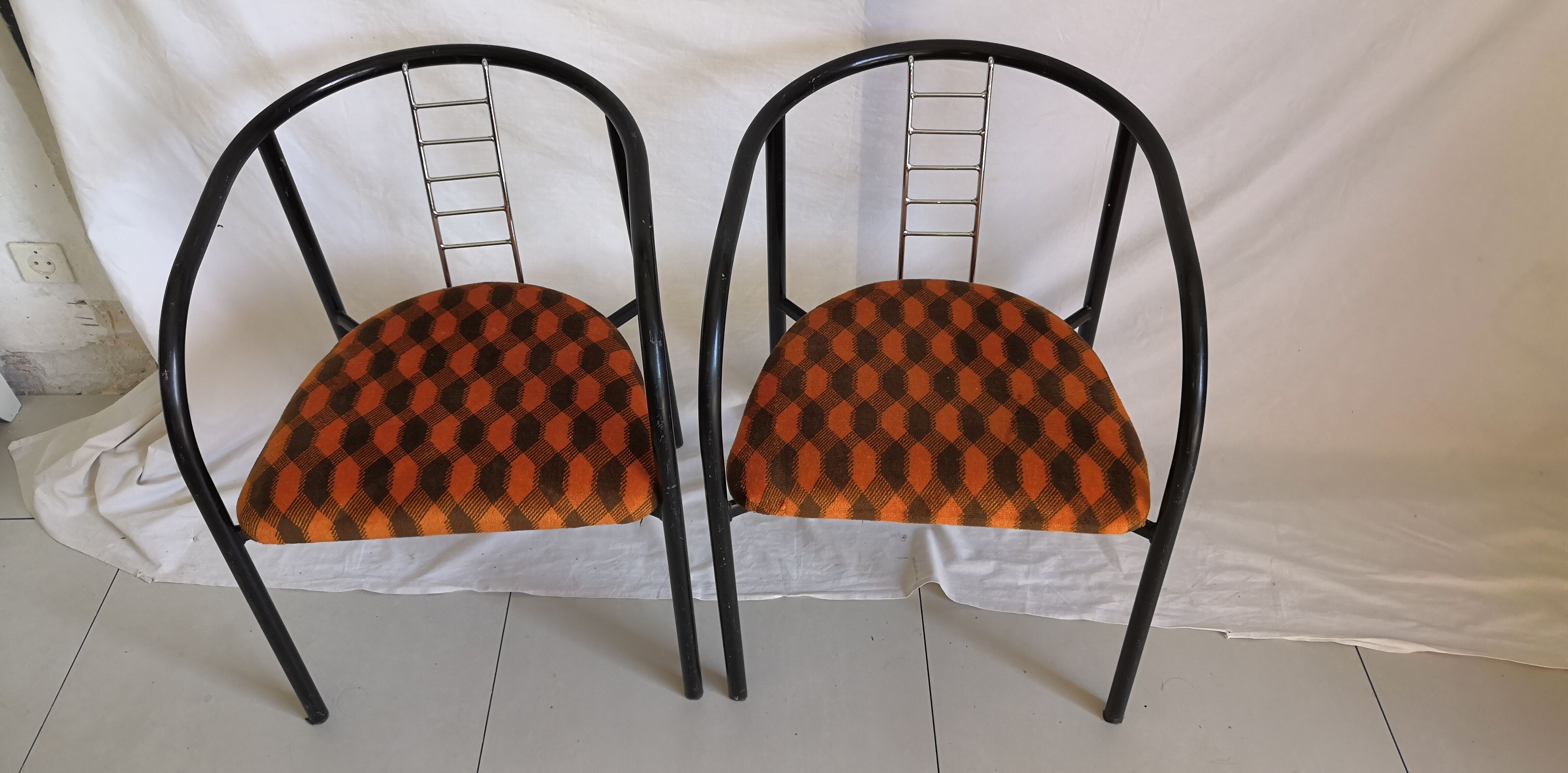 Duo of vintage metal and velvet armchairs