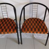 Duo of vintage metal and velvet armchairs