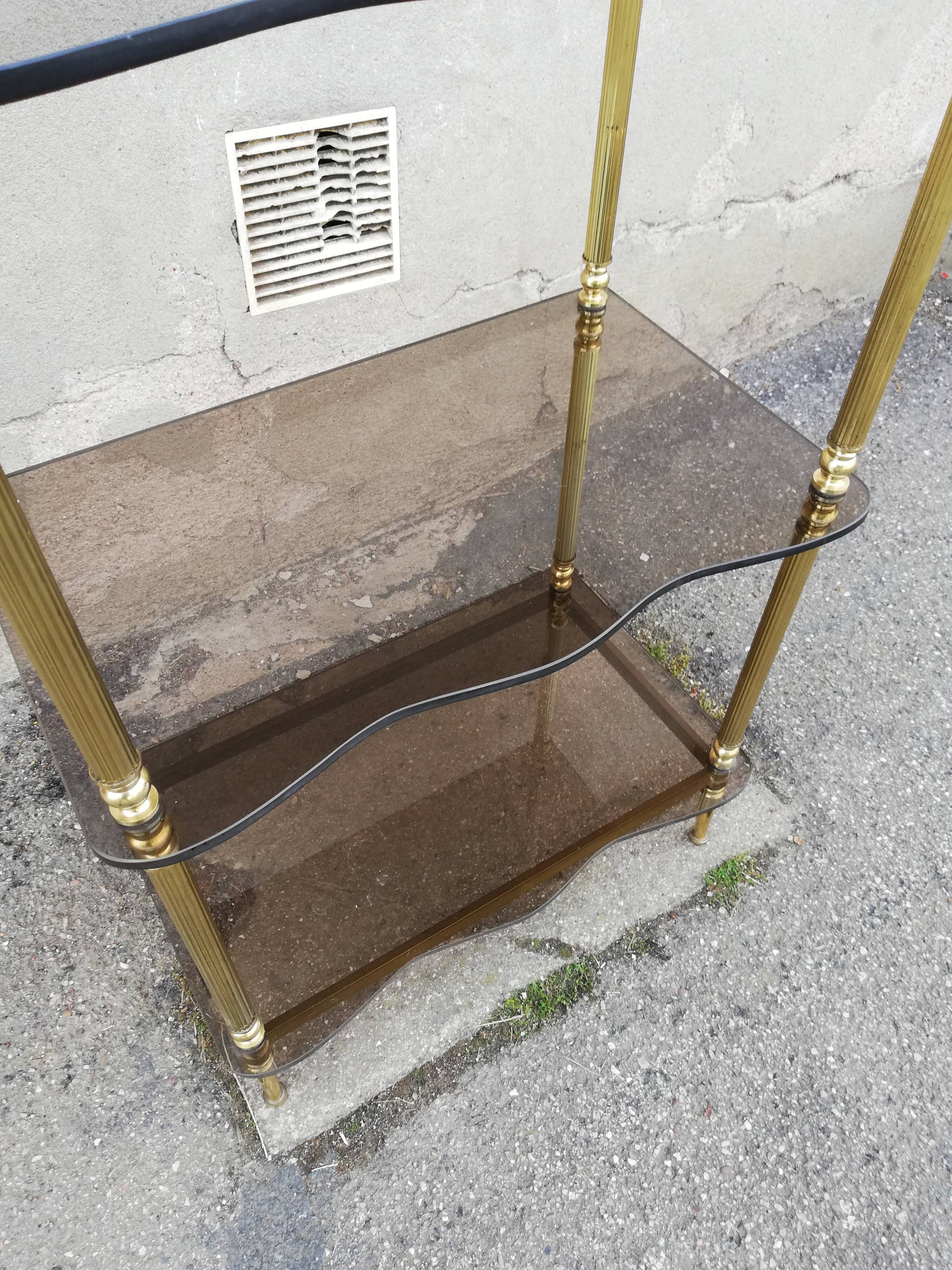 Shelf vintage brass 3 trays smoked glass