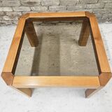 Coffee table in wood and smoked glass 1970 vintage