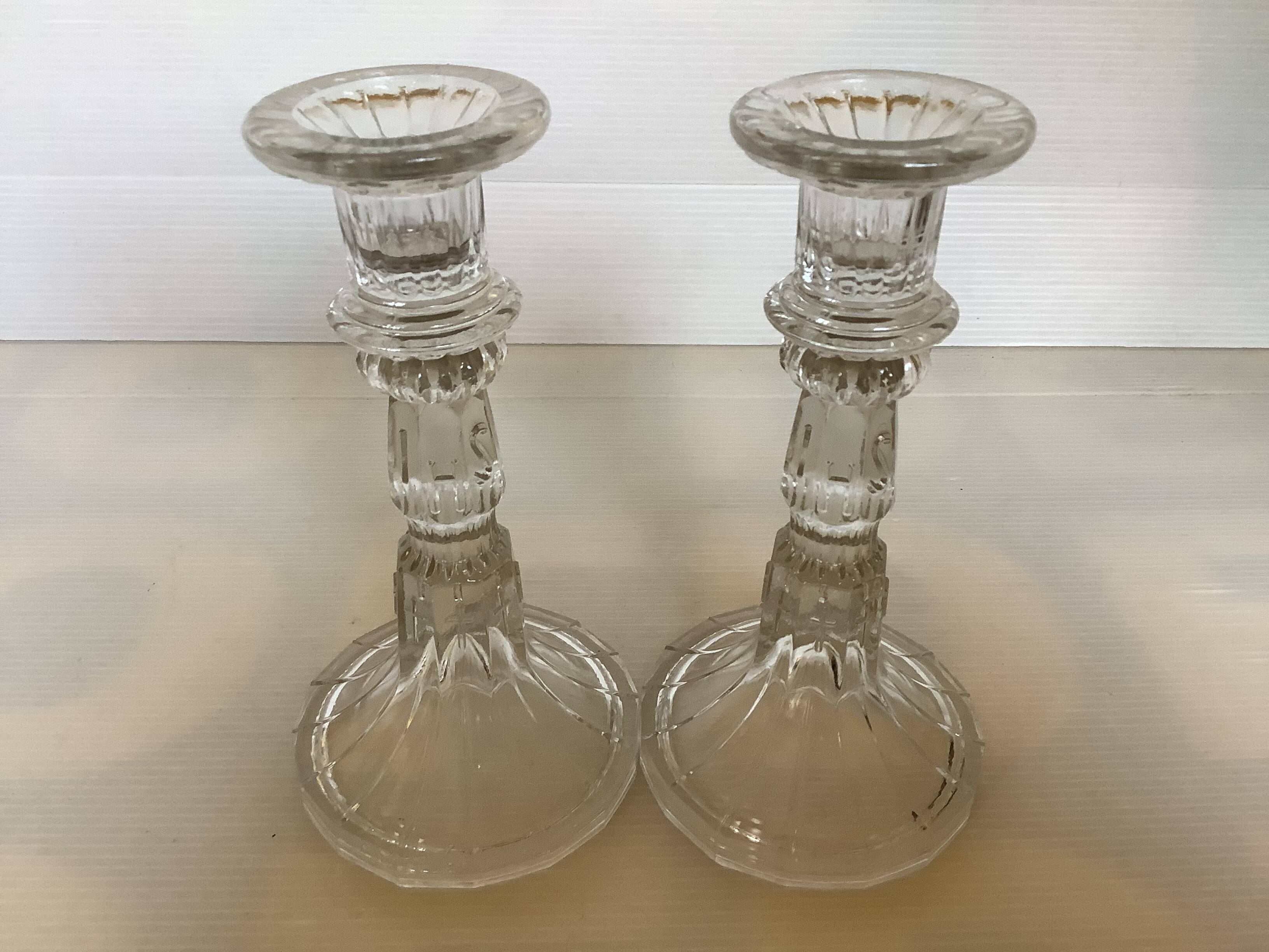 Pair of moulded glass candlesticks