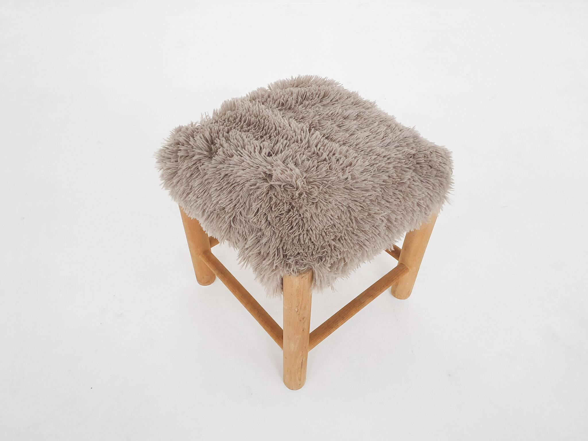 Mid-century wooden stool with fake-fur upholstery, Denmark 1960's