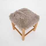 Mid-century wooden stool with fake-fur upholstery, Denmark 1960's