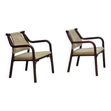 1980s, pair of Scandinavian armchairs, furniture velour, bamboo.