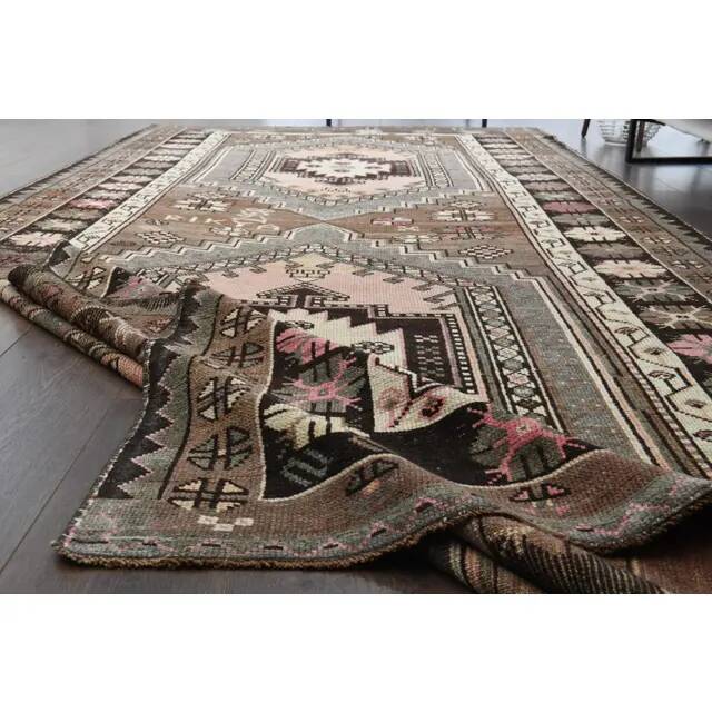 1970s Vintage Turkish Oushak Handmade Wool Cotton Brown Area Rug 85x317