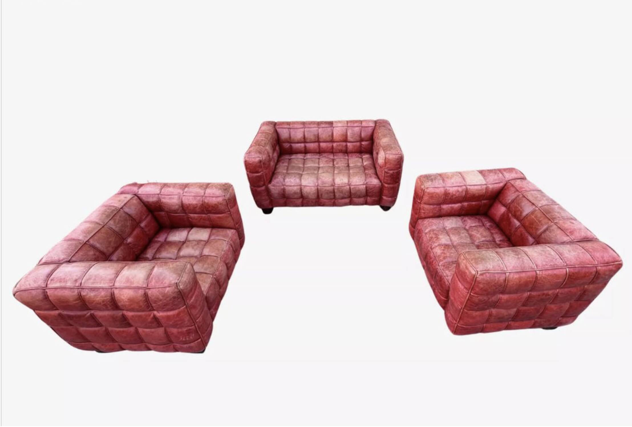 Set of sofas, red leather, 1980s reissue