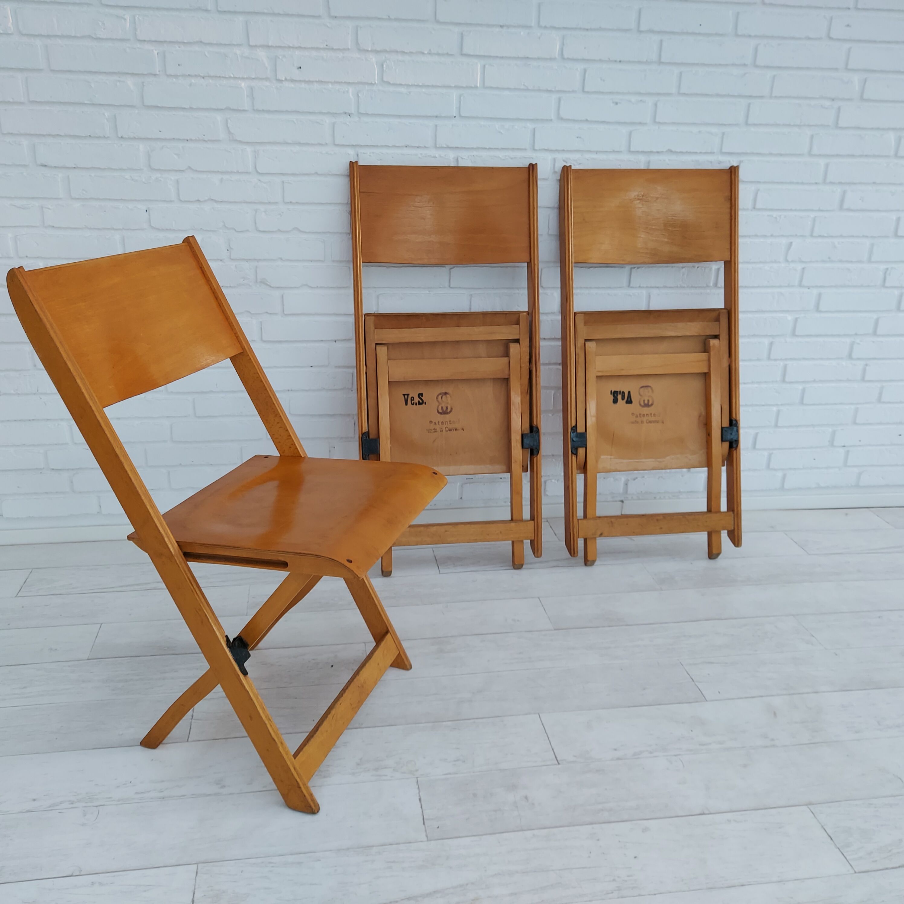 60s, Danish design, set of 3 pcs folding chairs, plywood