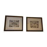 Paire de Gravures anciennes avec cadre doré feuille d'acanthe
