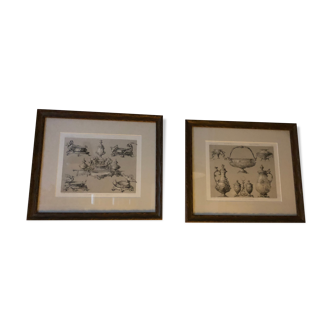 Pair of Antique Engravings with Gilded Frame Acanthus Leaf