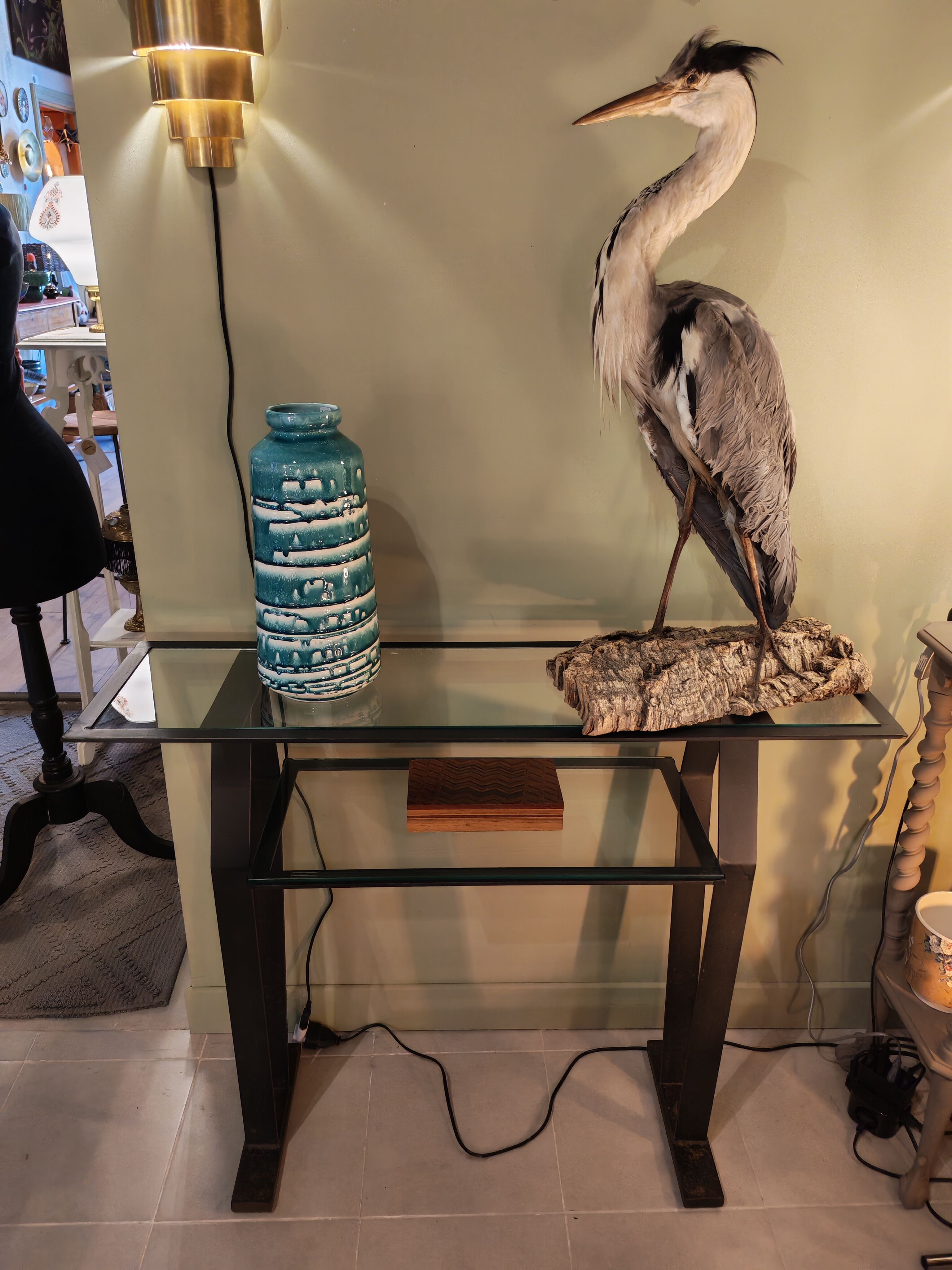 Vintage metal and glass console