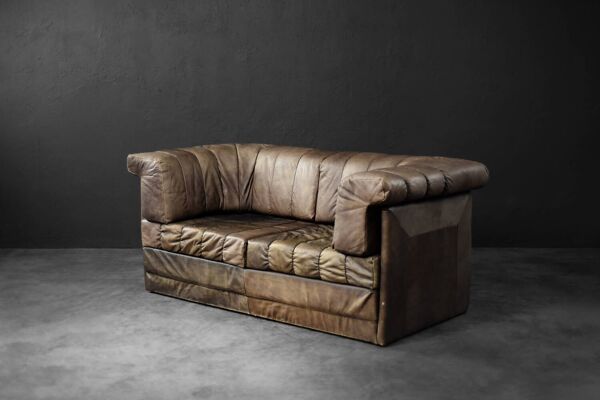 Vintage Mid-Century Modern German Brutalist 2-Seater Brown Leather Bed Sofa