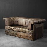 Vintage Mid-Century Modern German Brutalist 2-Seater Brown Leather Bed Sofa