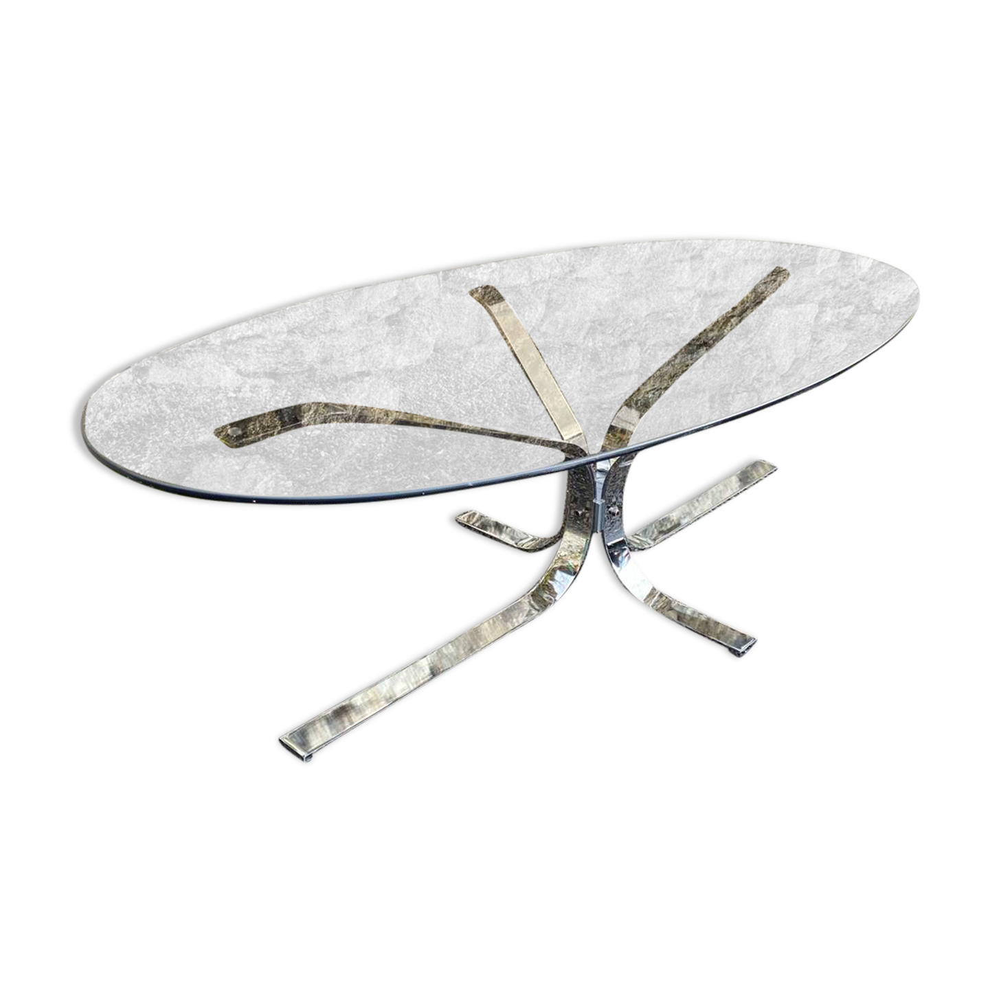 VINTAGE 1970 COFFEE TABLE OVAL CHROME SMOKED GLASS BROWN