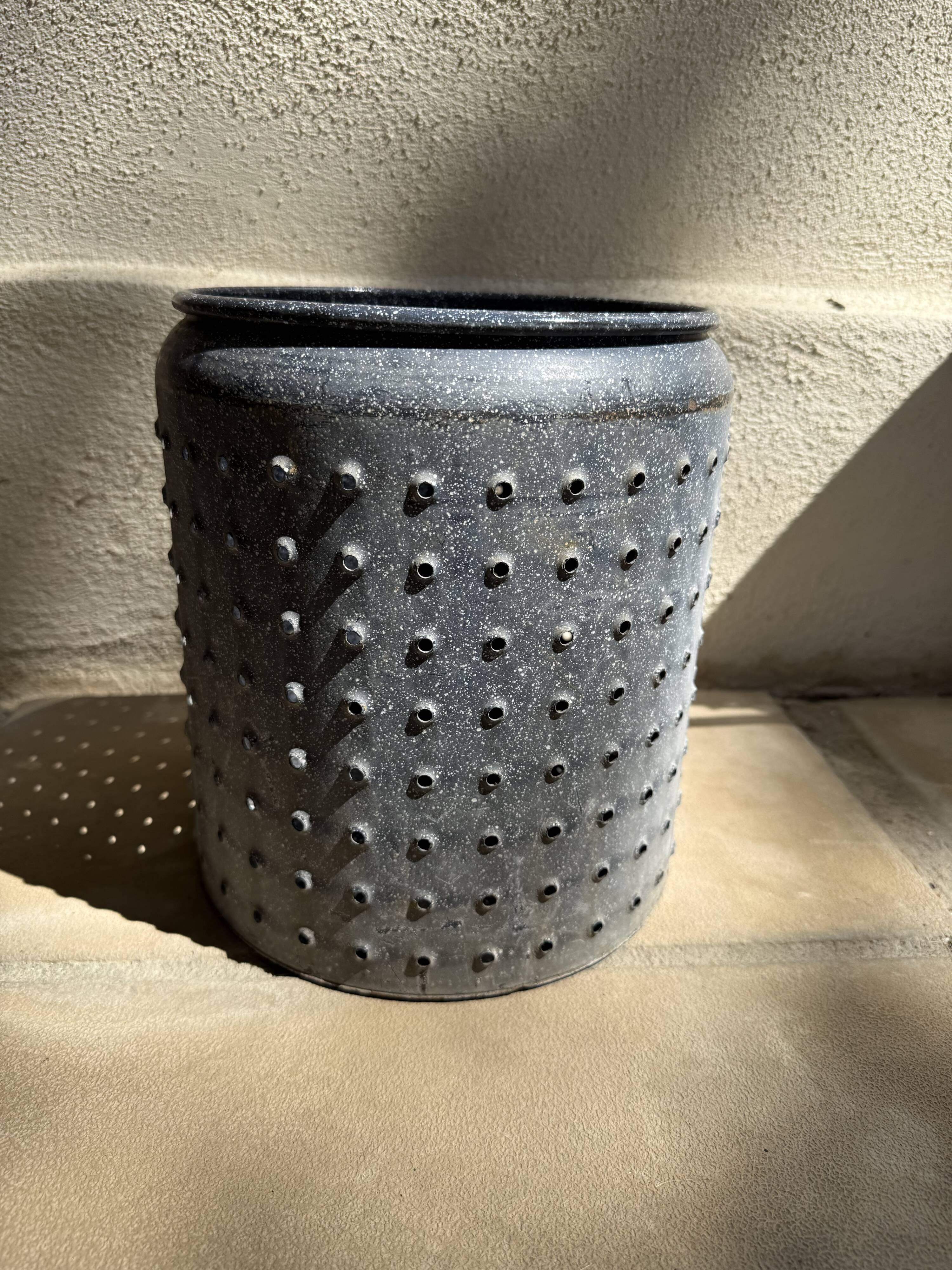 Vintage perforated enamelled sheet metal planter, 50s design