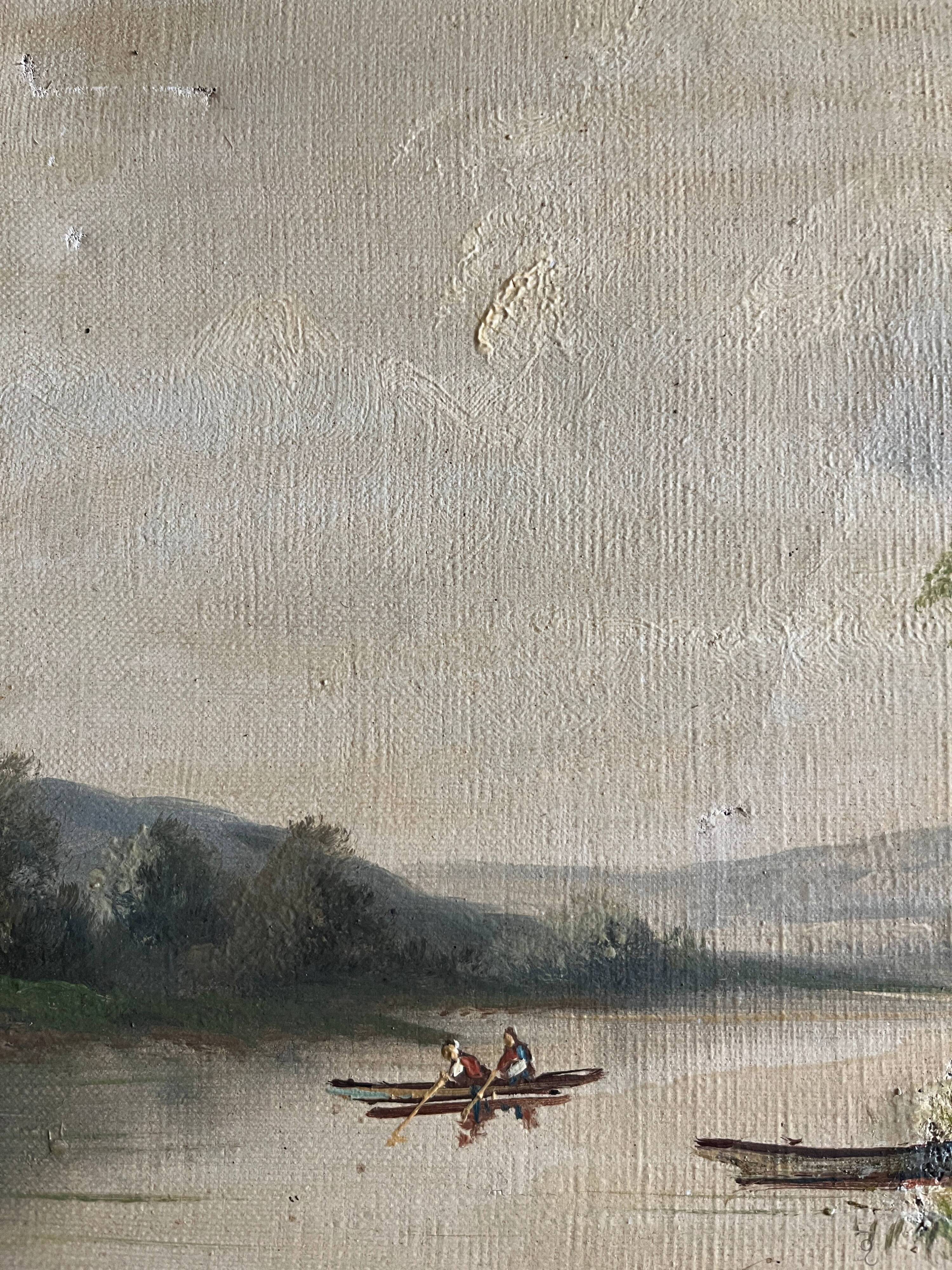 Painting, oil on framed canvas "Animated lake landscape" signed Michel, 19th century.