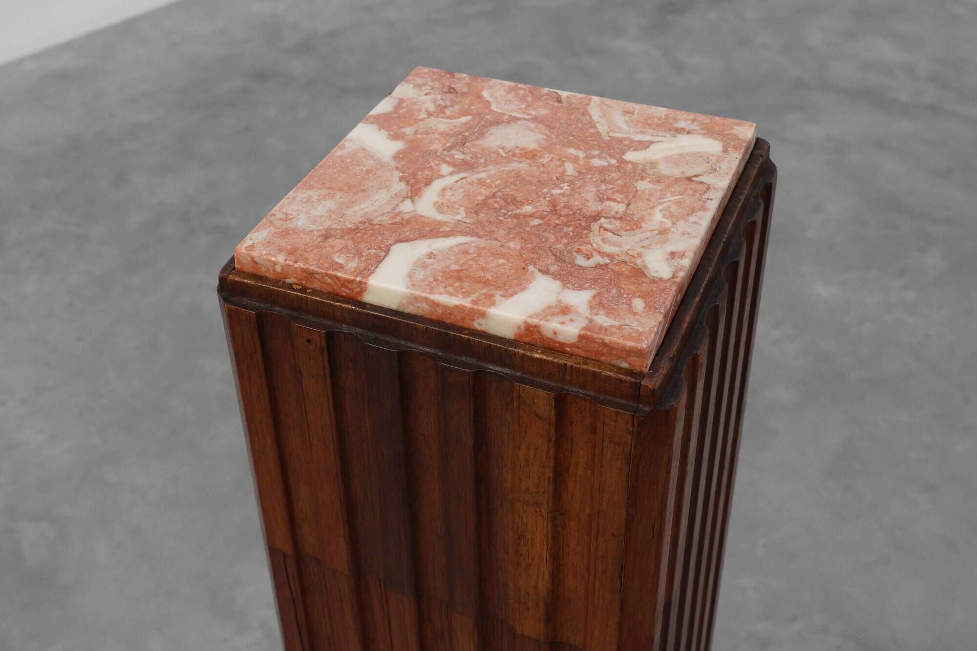 Art Deco oak and red marble pedestal or side table, France 1920s