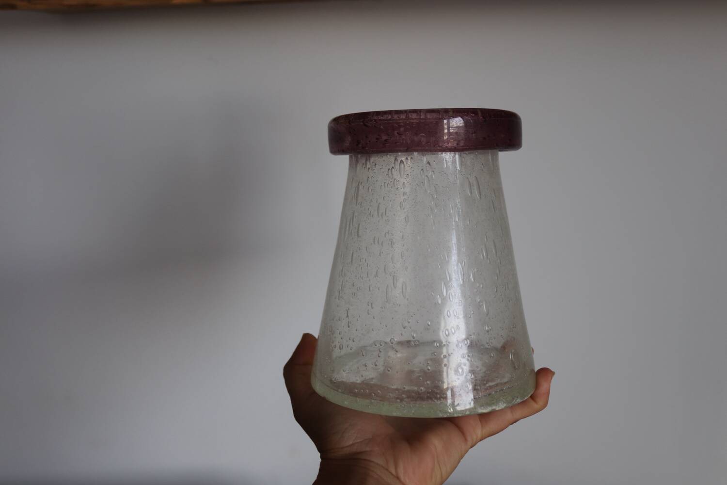 Vintage mauve neck blown glass bubble conical vase