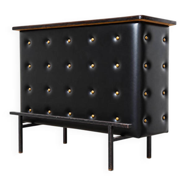 Bar d'appartement / comptoir en simili cuir noir Vintage 1950 Stl Adnet