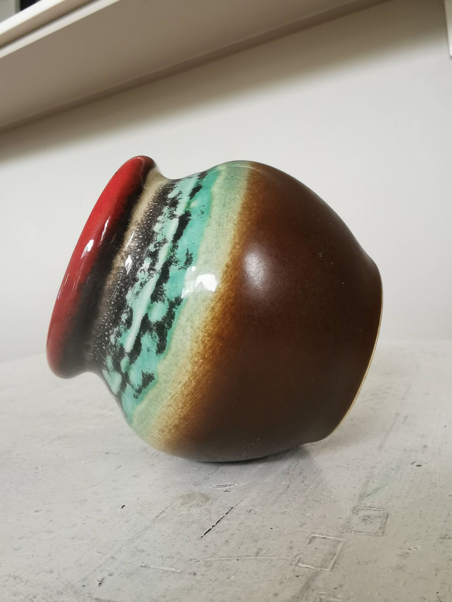 Vintage KIL Yugoslavia Pottery Vase: Brown, Turquoise & Red Rim, 1970s