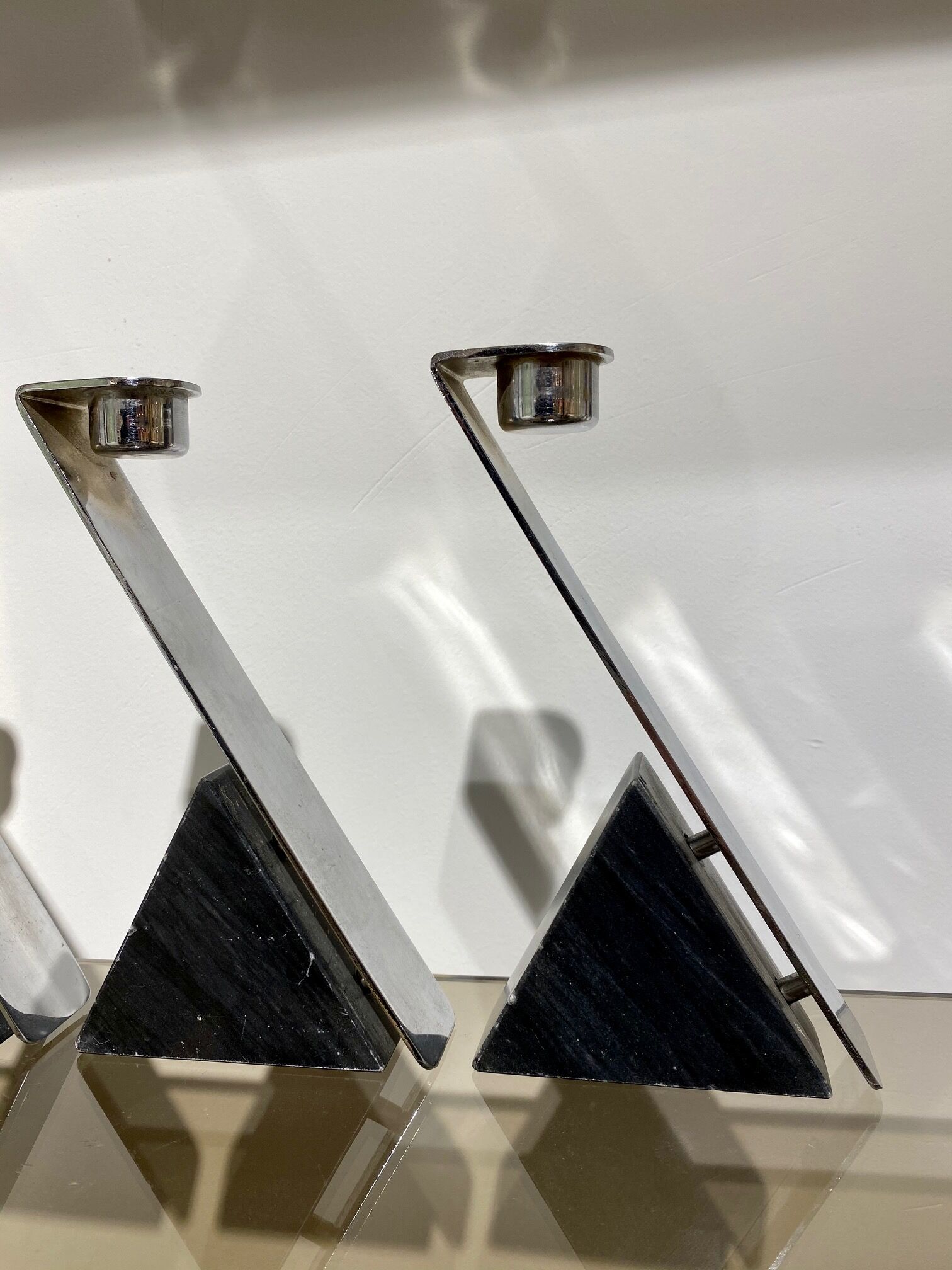 Suite of 3 1970 chrome and marble candlesticks