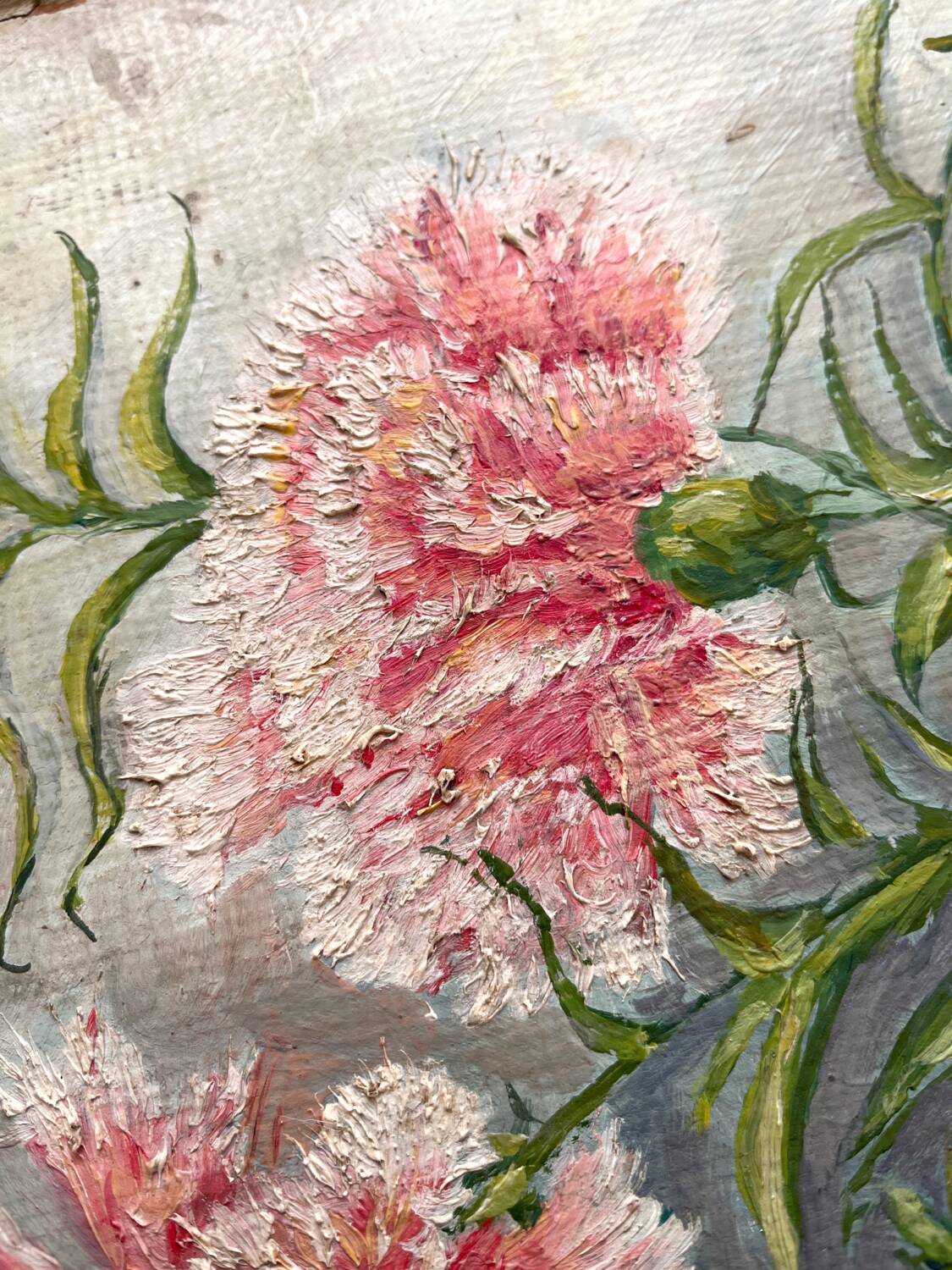 Antique oil painting on cardboard, bouquet of carnations, signed and dated 1899