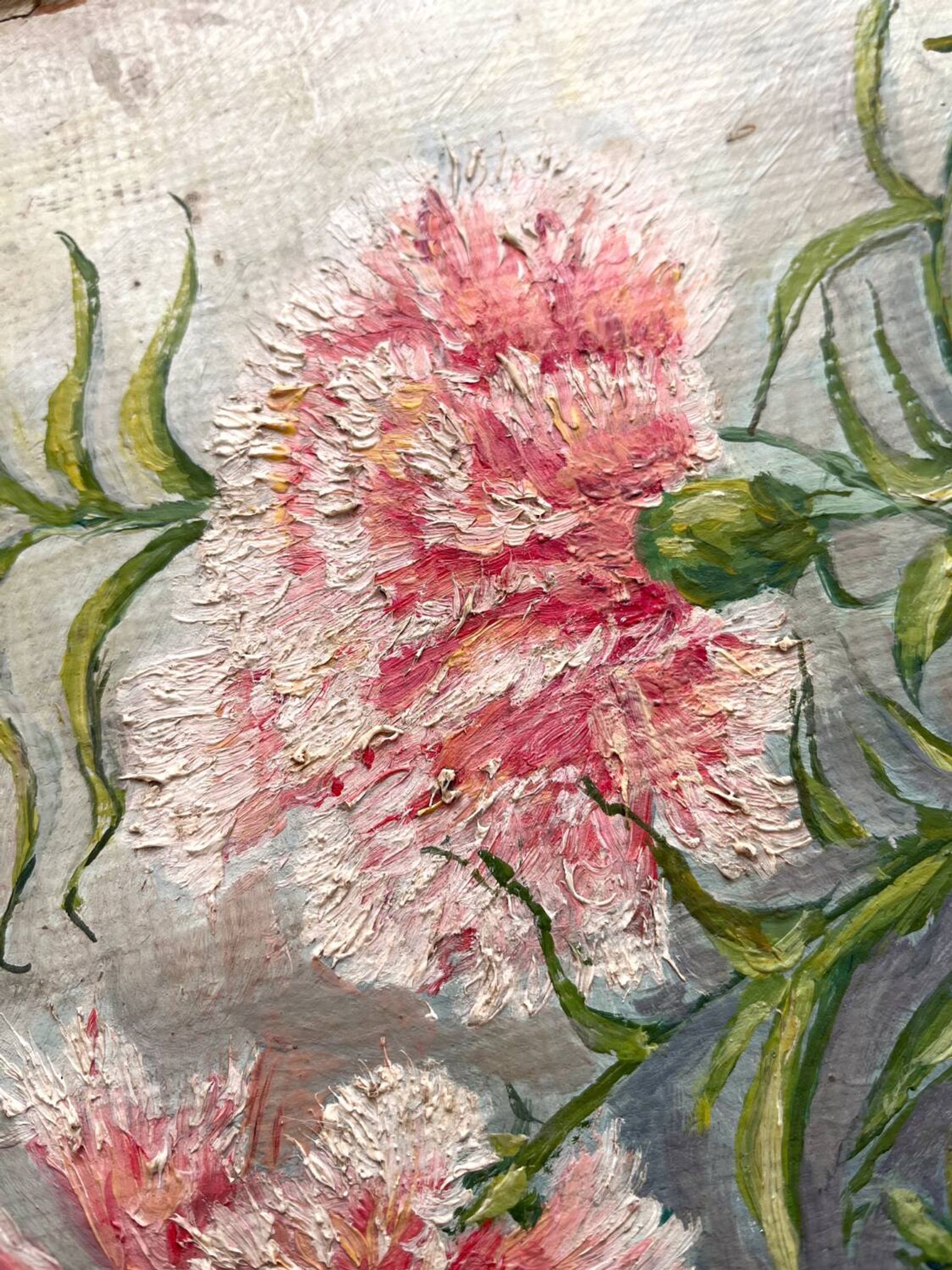Antique oil painting on cardboard, bouquet of carnations, signed and dated 1899