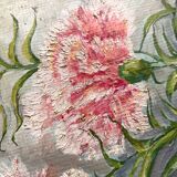Old oil painting on cardboard bouquet of carnations signed and dated 1899