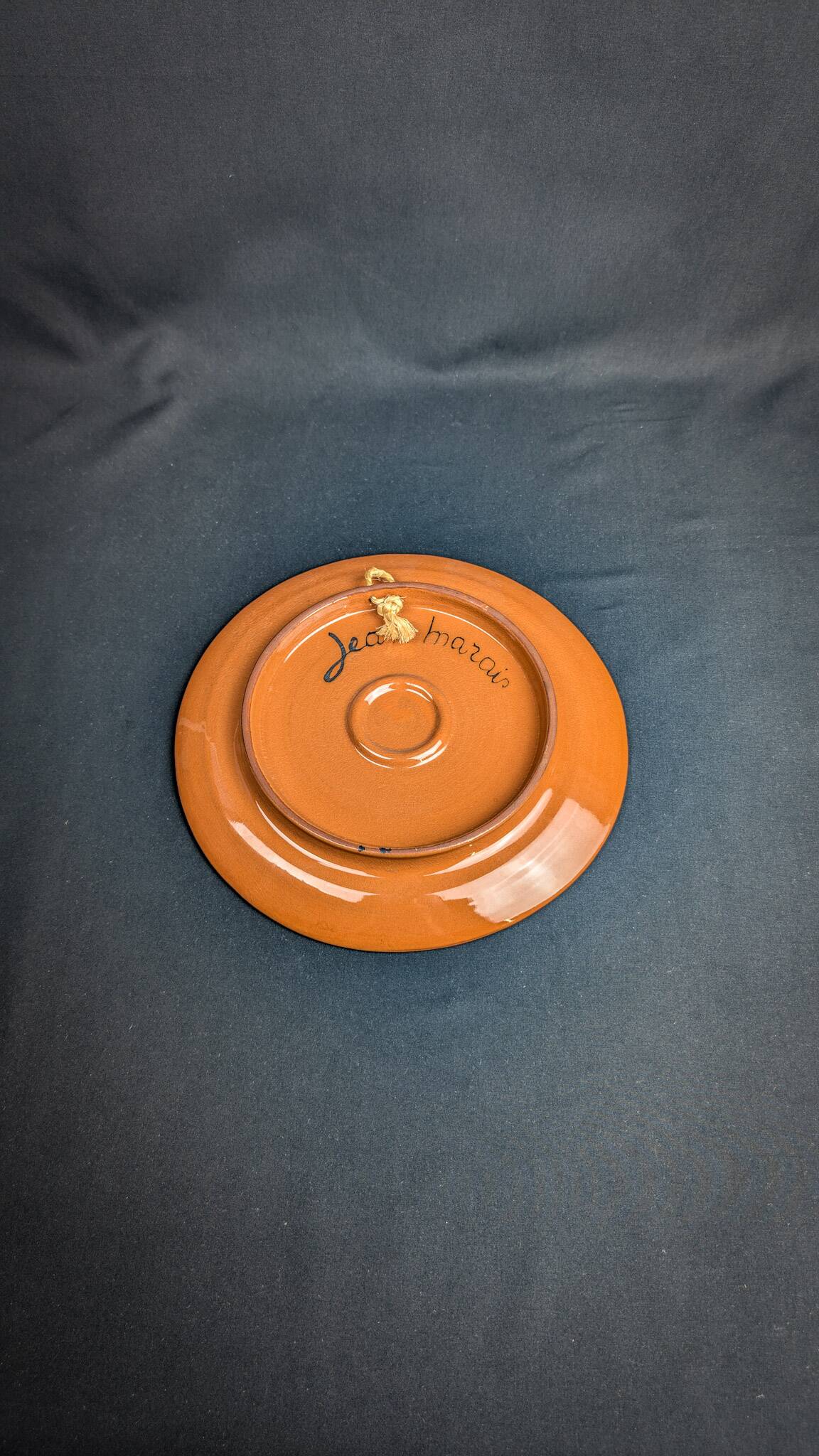 Glazed ceramic plate signed Jean Marais face & tree Vallauris