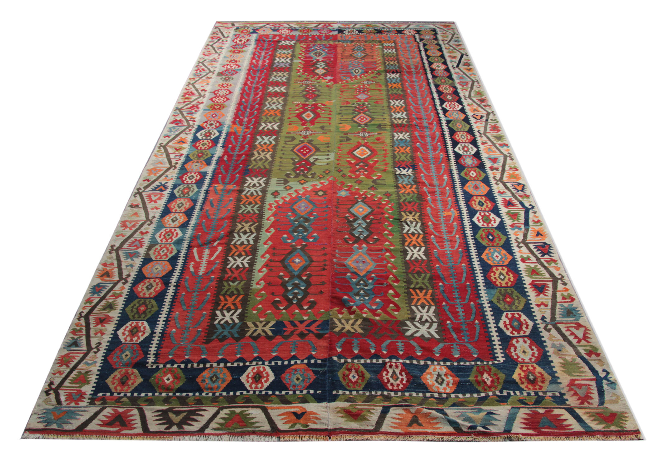 Decorative Tribal Antique Rug, Handwoven Green, Red Oriental Rug- 179x413cm