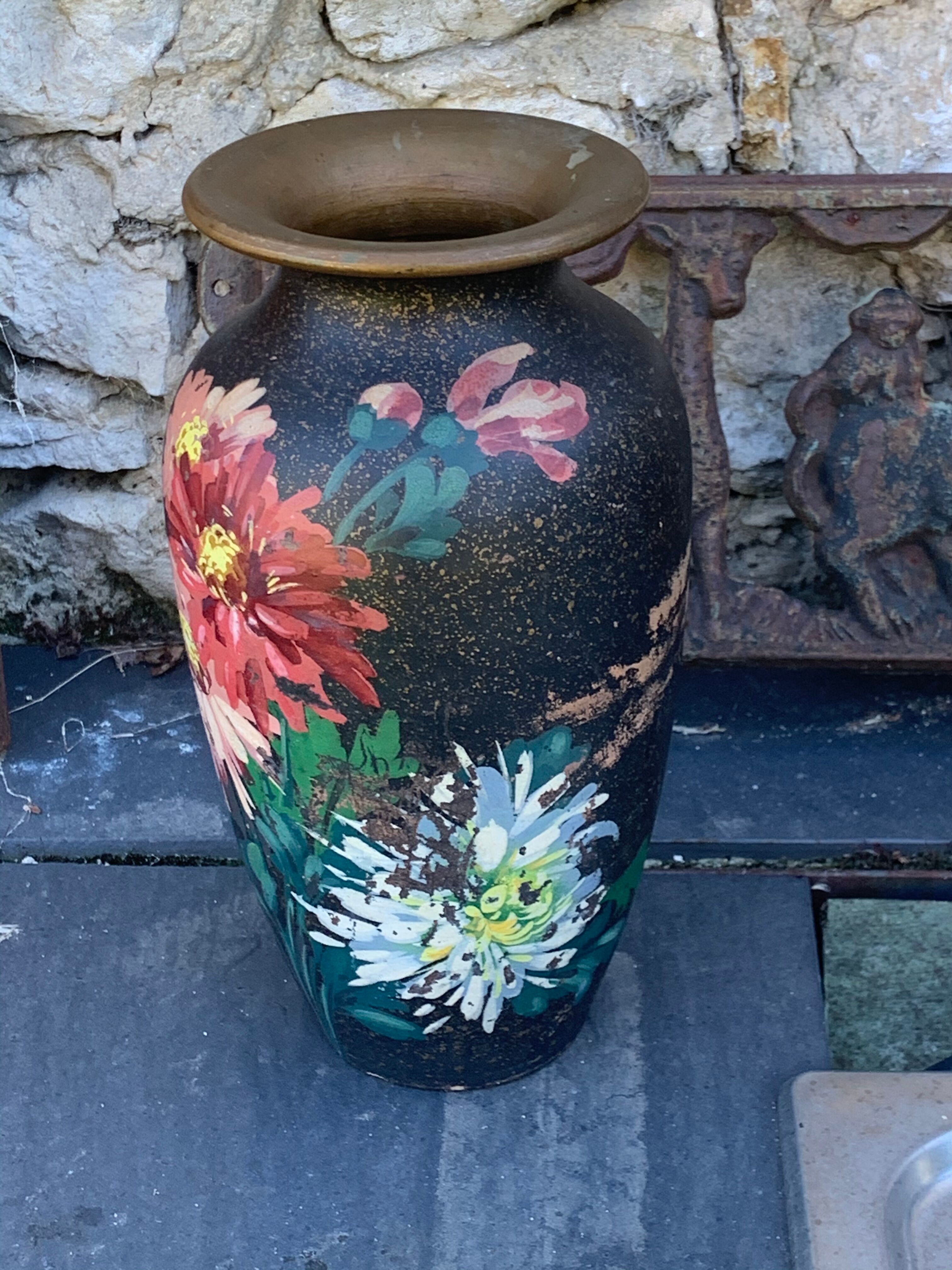 Ceramic vase bouquet of flowers painted and signed by Escoffier