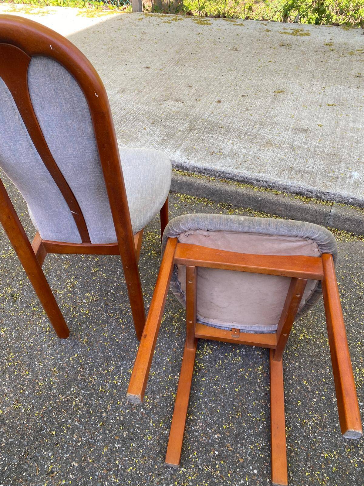 6 vintage cherry wood dining chairs with tweed fabric in MCM style 1970.