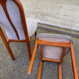 6 vintage cherry wood dining chairs with tweed fabric in MCM style 1970.