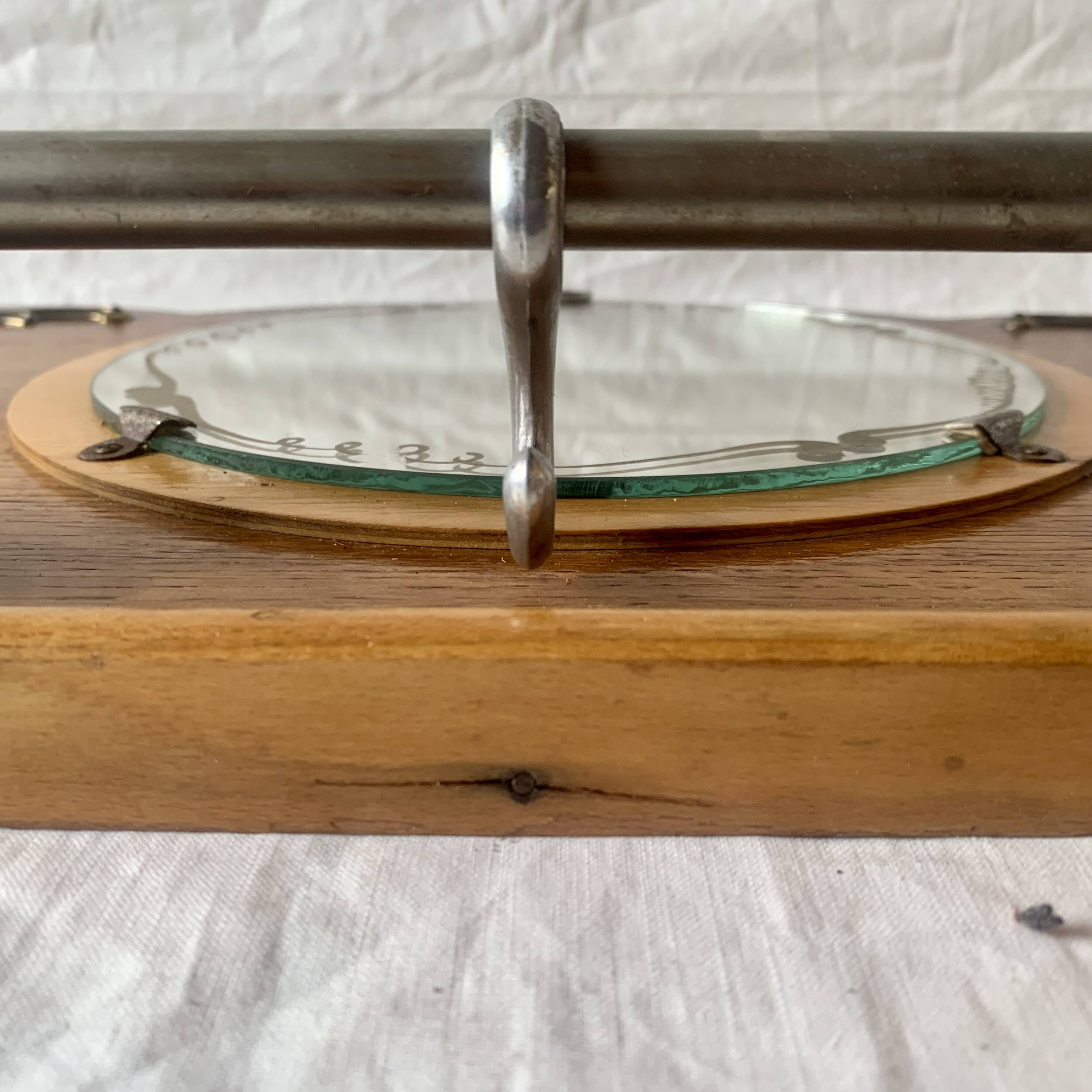 Art Deco wooden wall coat rack with round central mirror