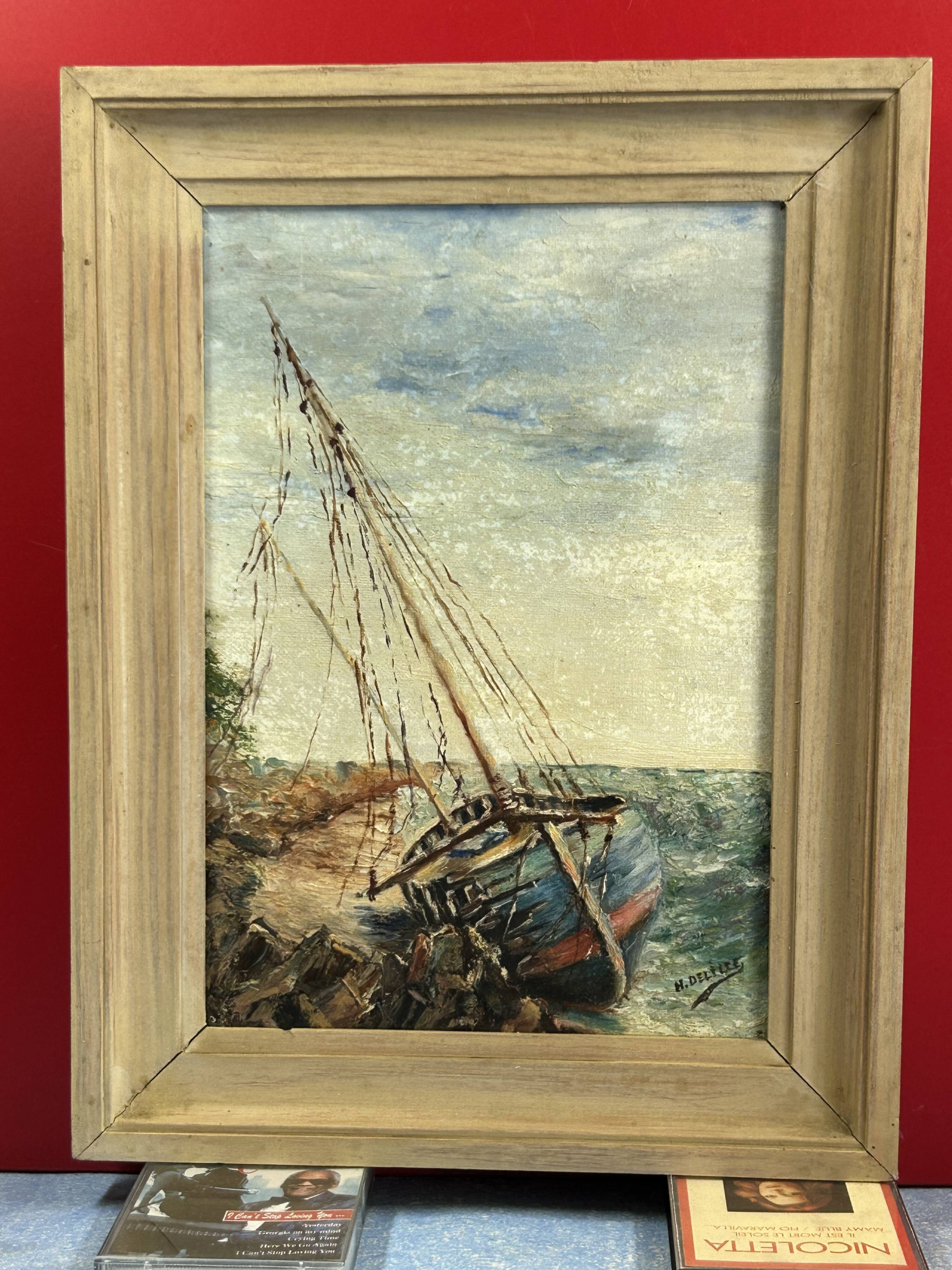 Oil on canvas Boat at the coast of Etel Damgan, Morbihan - H. Delille