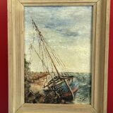 Oil on canvas Boat at the coast of Etel Damgan, Morbihan - H. Delille