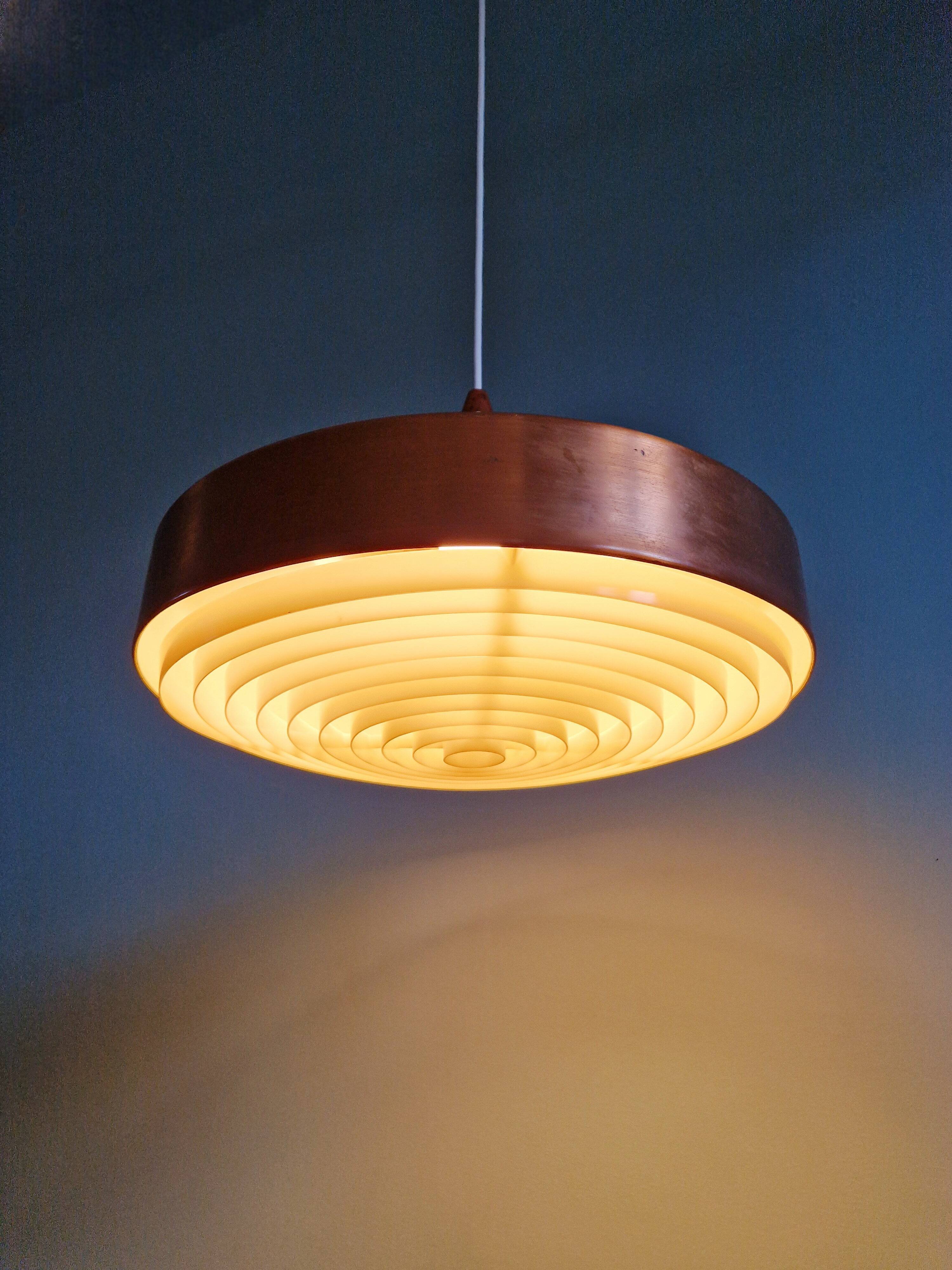 Scandinavian pendant light in copper and teak, 1960s