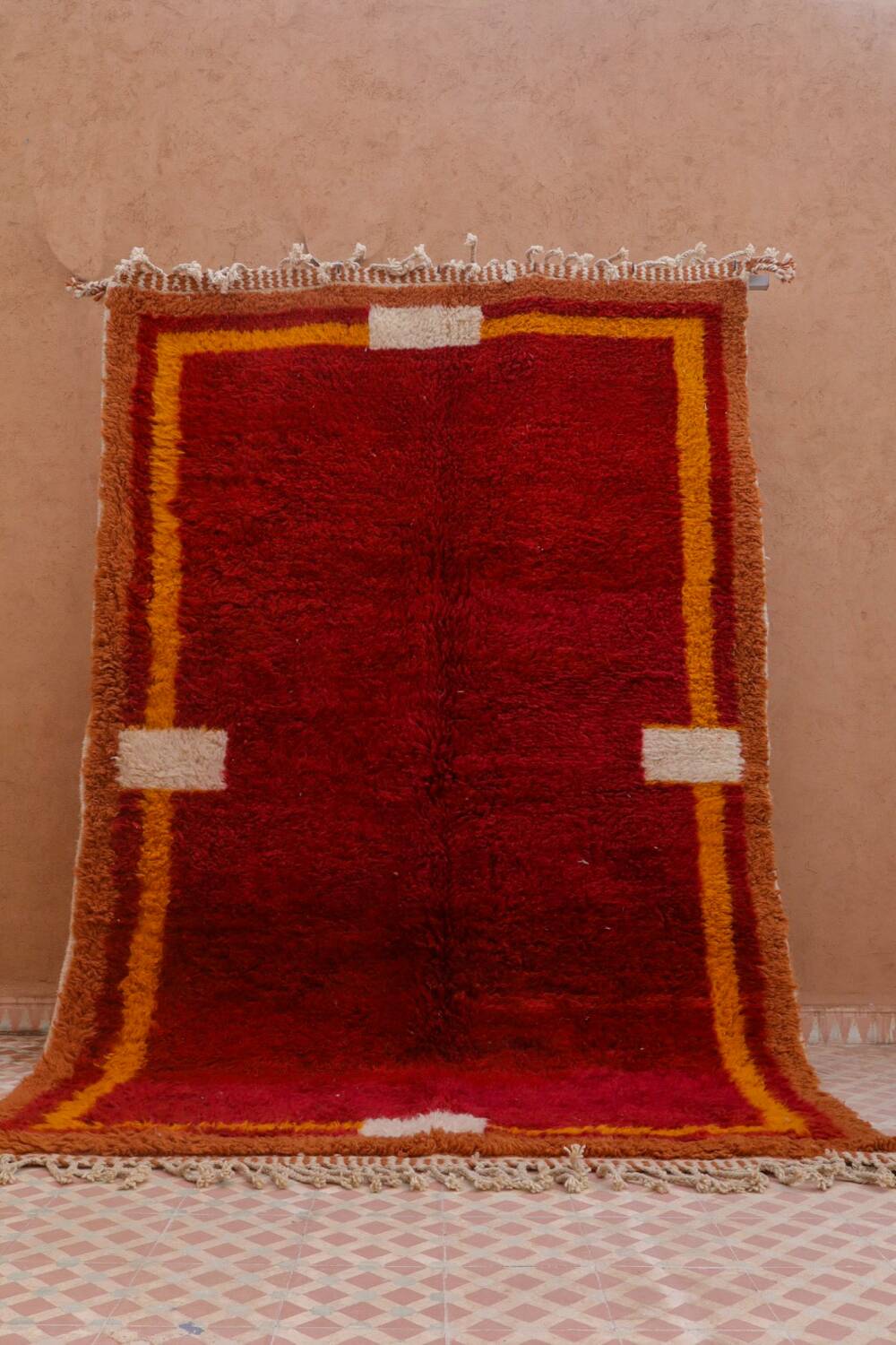 Minimalist burgundy cherry red shaggy berber rug