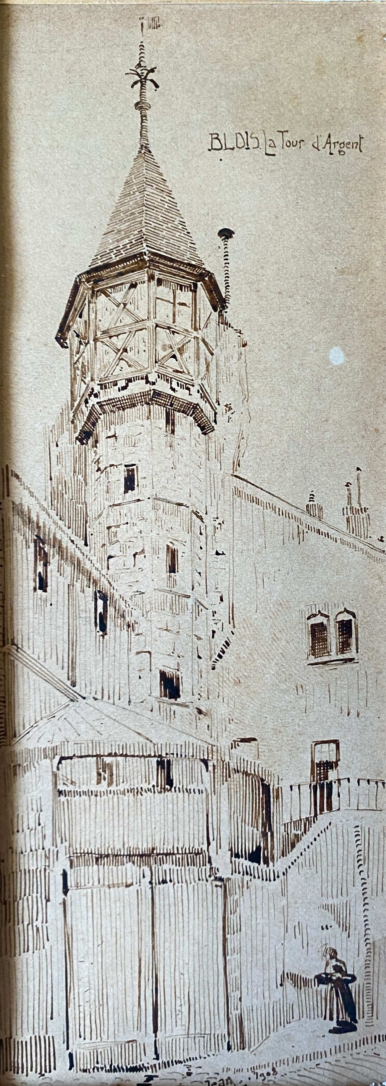 Painting pair of original pen ink seen by blois jean oudin