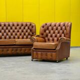 Vintage Chesterfield Brown Leather High Back sofa and Armchairs, Set of 3